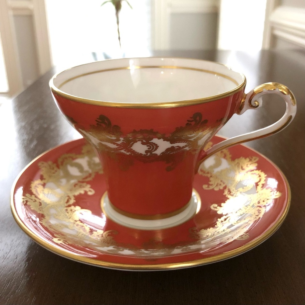 Aynsley Bone China Orange Gold Filigree Vintage Tea Cup and Saucer Set